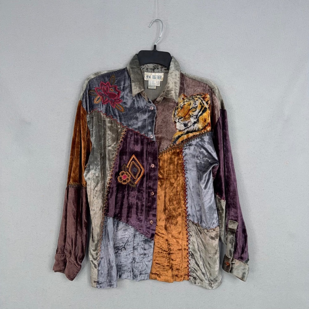 Together! Shirt Womens Medium Colorful Patchwork Tiger Floral Velvet Boho 90s